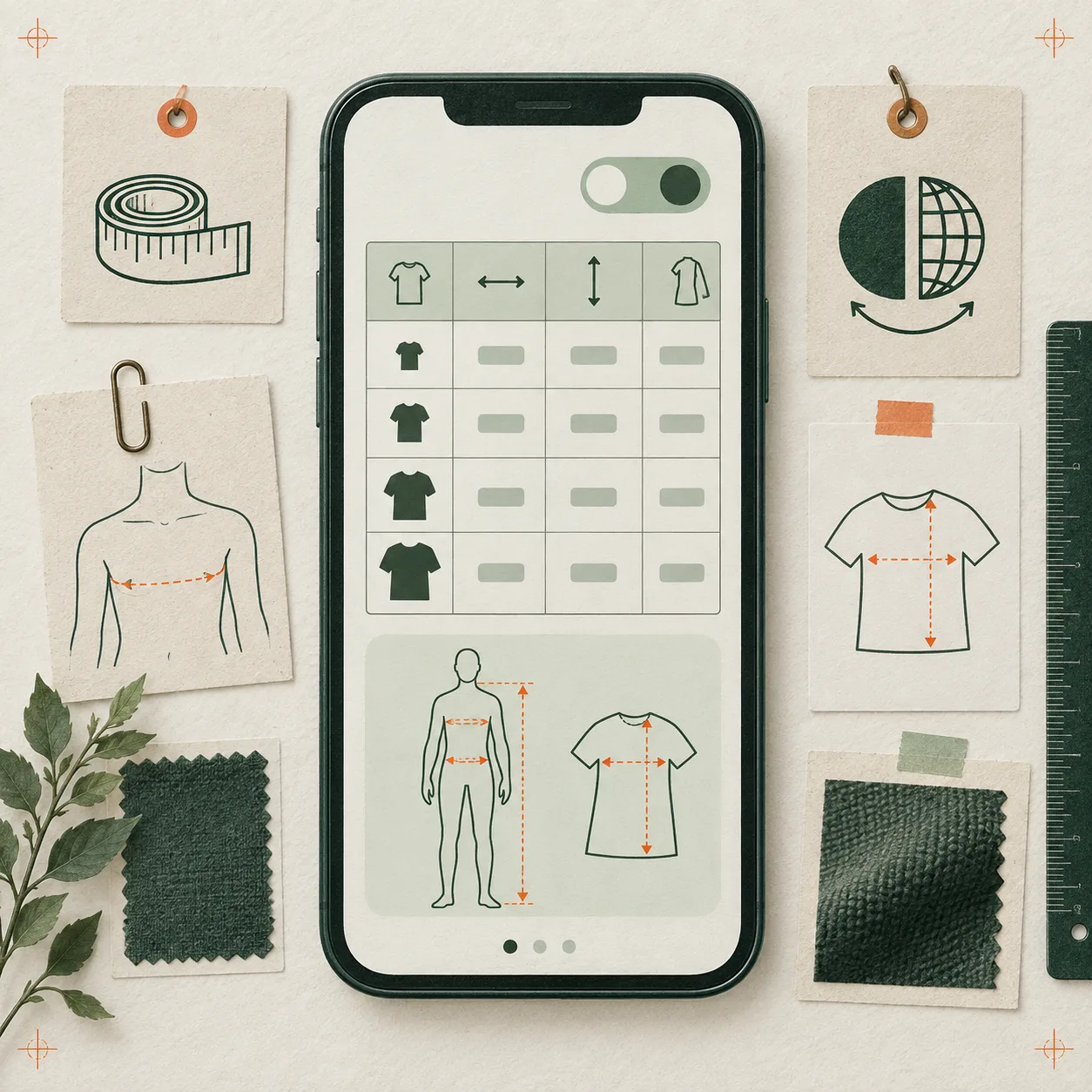 Tableau de tailles mobile clair