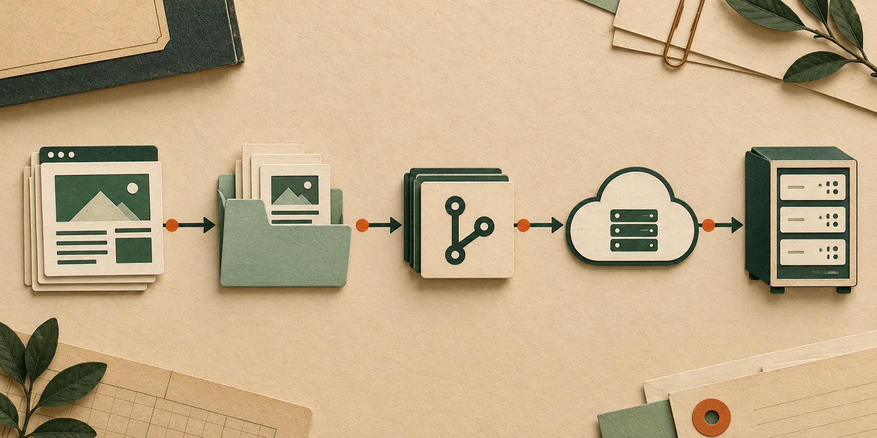 Flux illustré de déploiement d'un export Squarespace vers Git, cloud et serveur