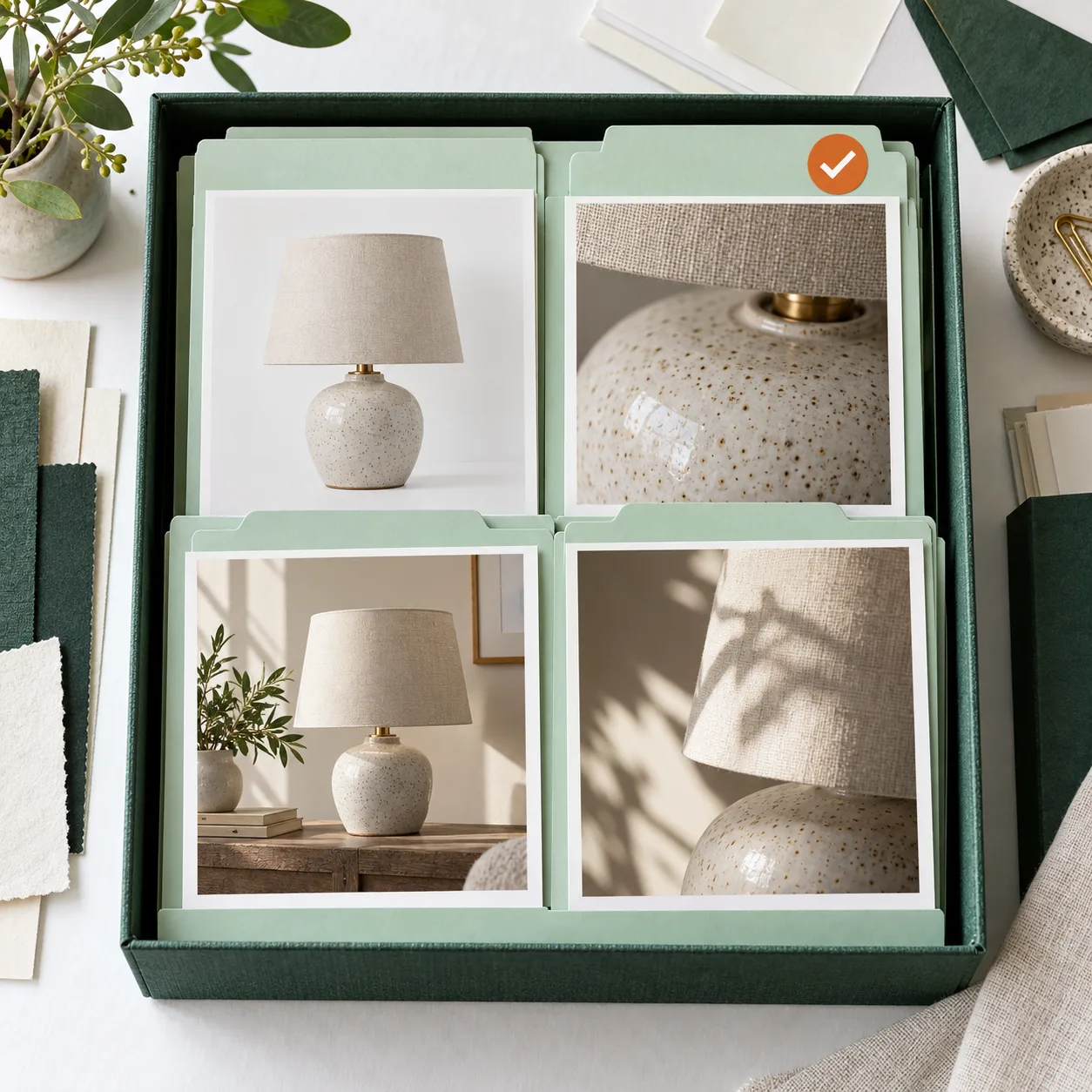 Boite d’archives avec une serie coherente de photos produit