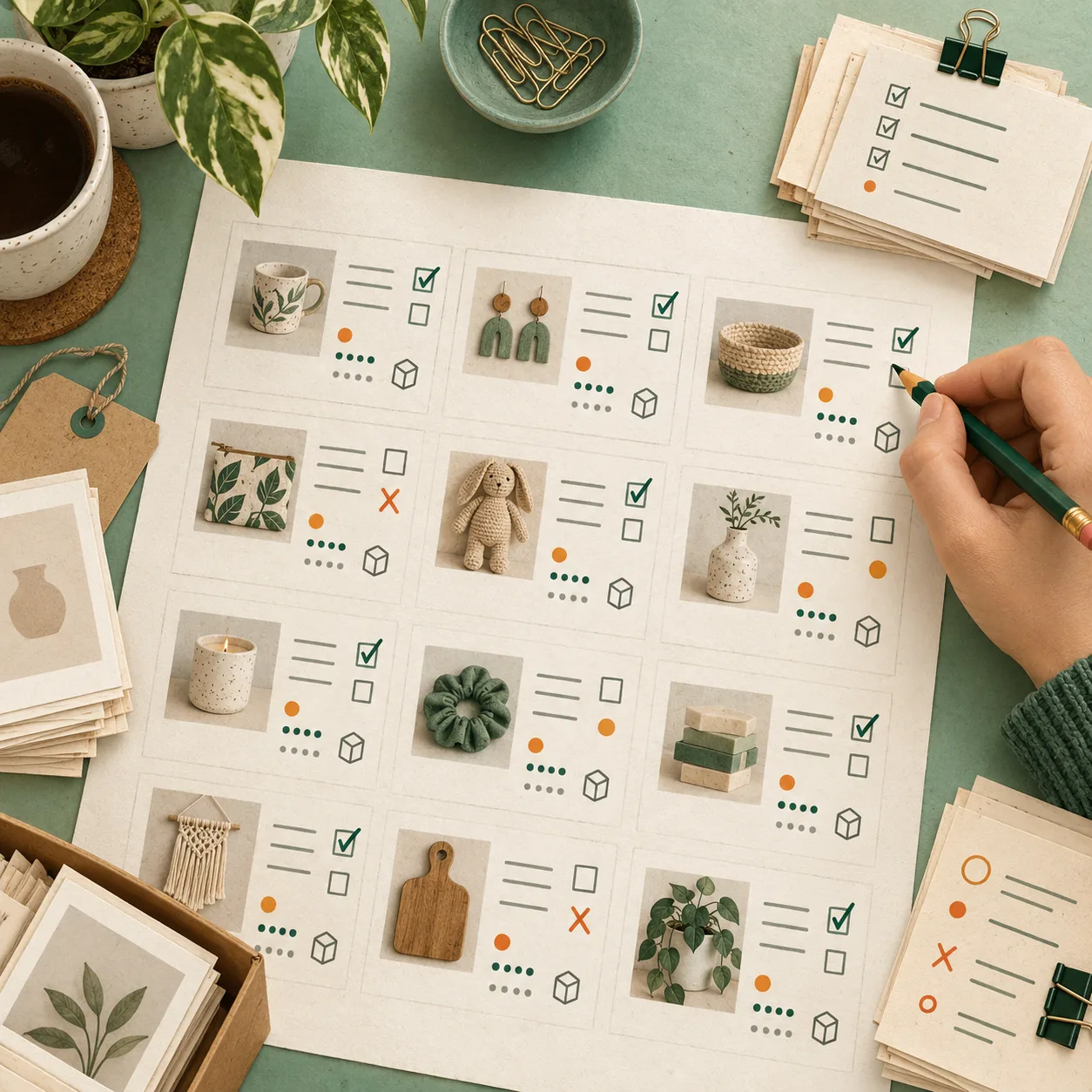 Fiches produit anonymes contrôlées sur une checklist papier